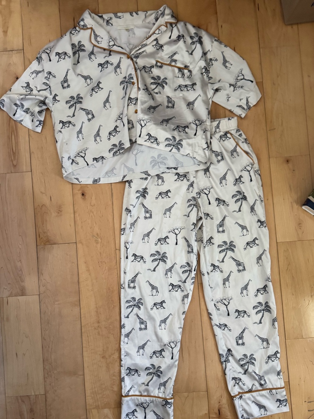 Z Supply Cream Pajama Set with Black Safari Print and Tan Piping